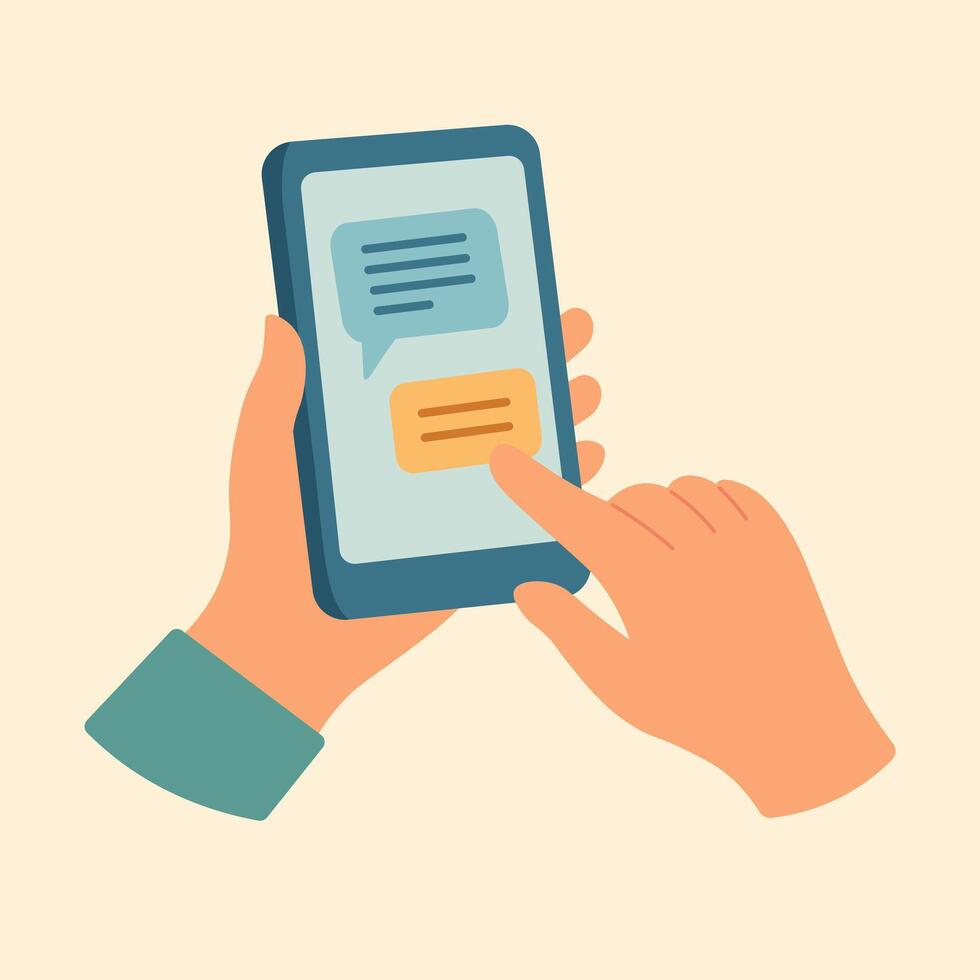 Flat of hands using smartphone with chat bubbles, symbolizing texting, communication, and online messaging. vector