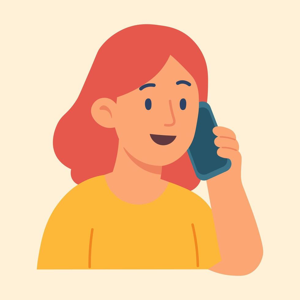 Flat of smiling girl holding smartphone to ear, symbolizing voice call, communication, and support. vector