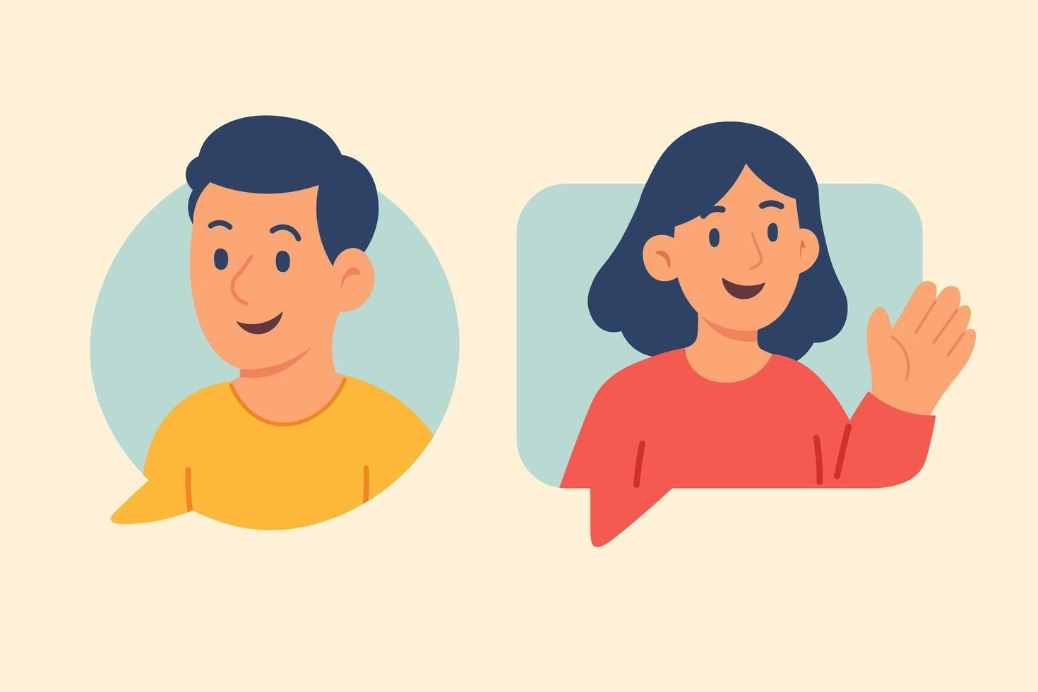 Cartoon boy and girl inside speech bubbles. Flat concept of avatars in online chat. vector