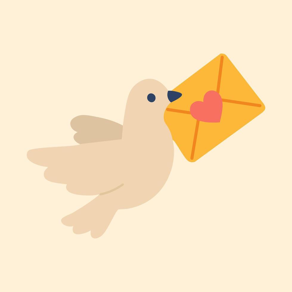Flat of cute bird flying with heart envelope, symbolizing romantic message and warm connection. vector