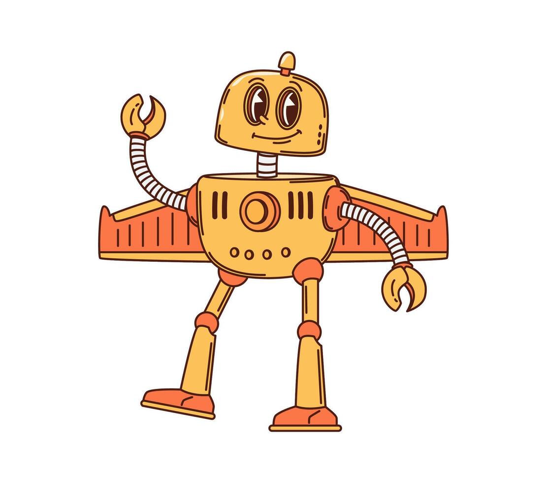 Cartoon groovy robot or droid character with wings vector