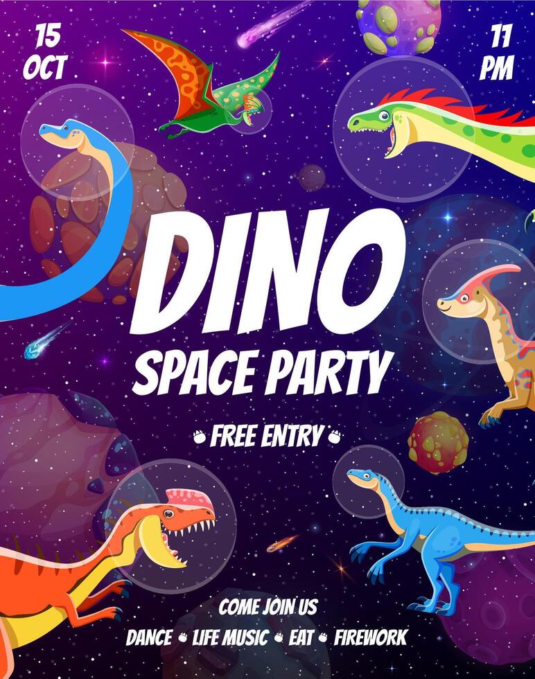 Dino space party flyer with dinosaur astronauts vector