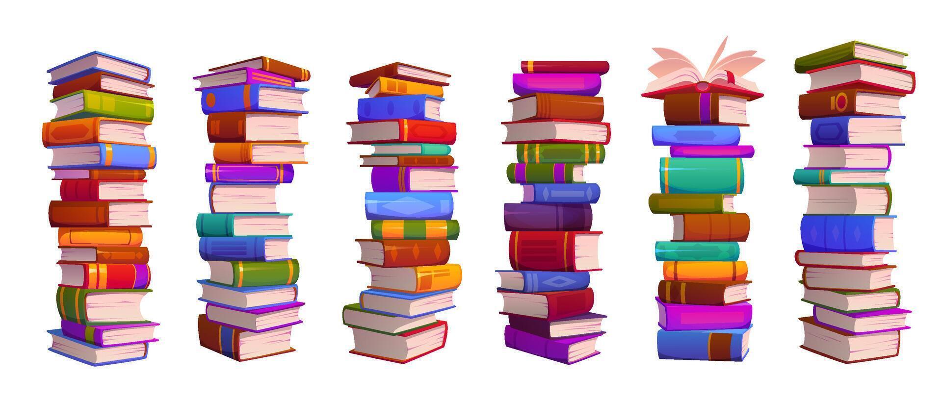 High book stacks or school library textbooks piles vector