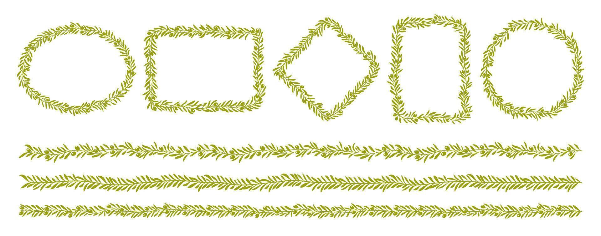 Olive tree frame borders and green leaves dividers vector