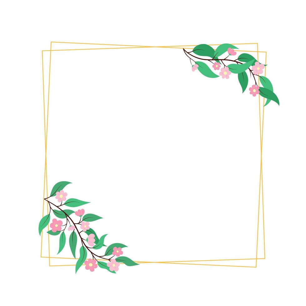 Elegant square floral frame with gold geometric lines and pink flowers isolated on white background. Decorative blossom design element for invitations, greeting cards. Botanical illustration vector