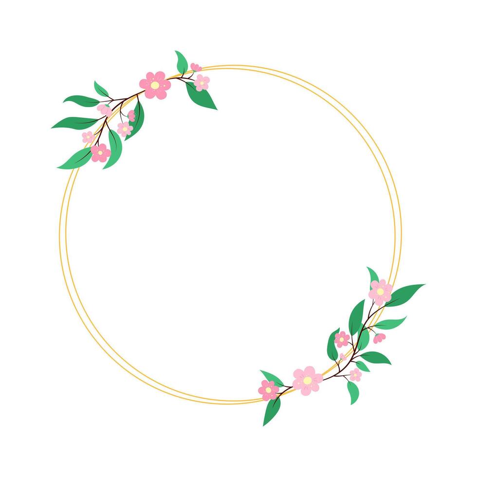 Round floral frame with elegant gold geometric lines and pink flowers isolated on white background. Decorative blossom design element for invitations, greeting cards. Botanical illustration vector