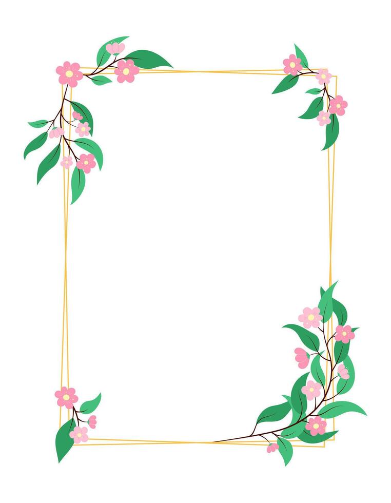 Vertical rectangular floral frame with elegant gold geometric lines and pink flowers isolated on white background. Decorative blossom design element for invitations, cards. Botanical illustration vector