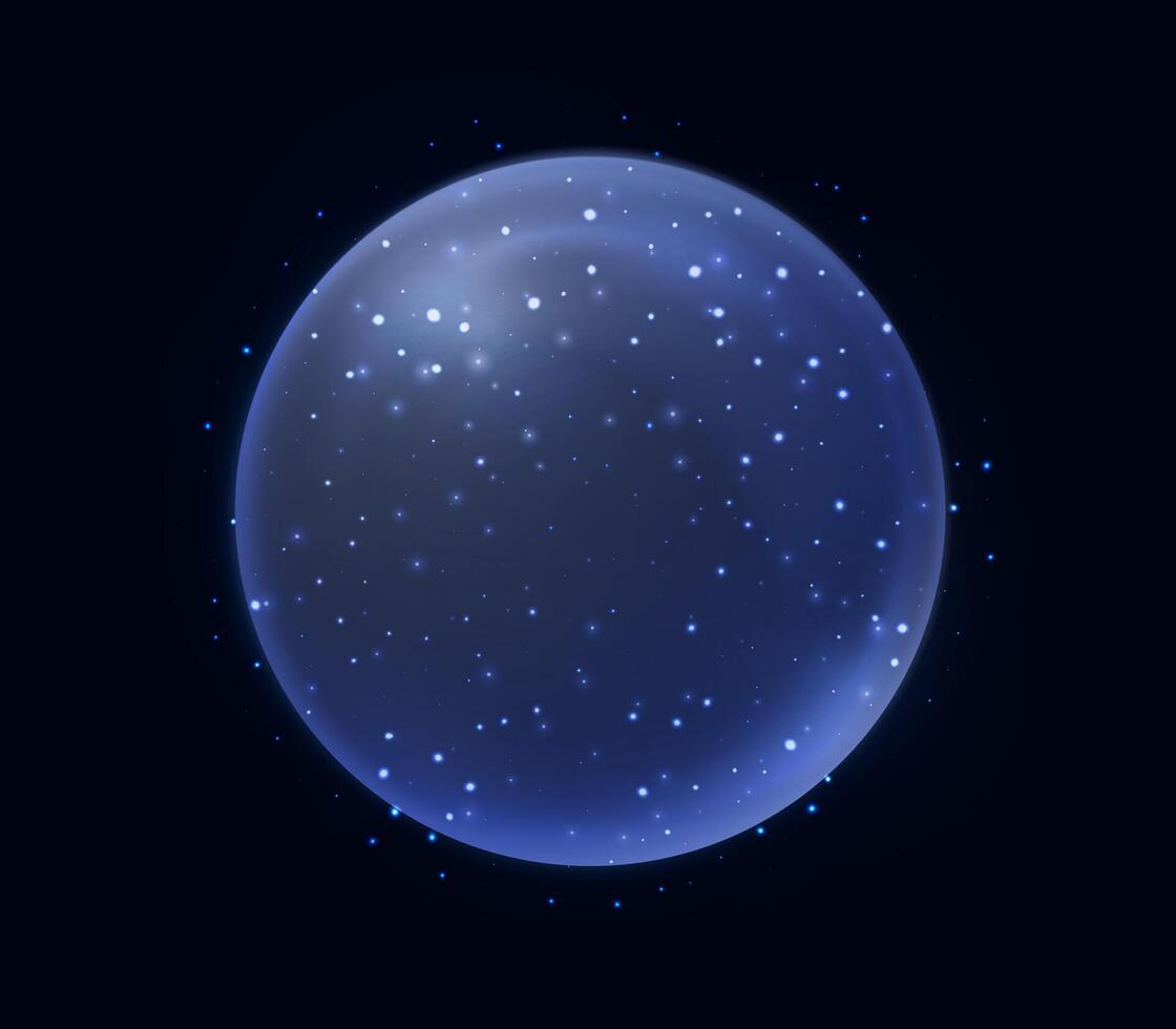 Blue magic fantasy sphere. Crystal ball with glowing sparkles and particles. Energy orb with glow flare light effect. Isolated on black background. illustration. vector