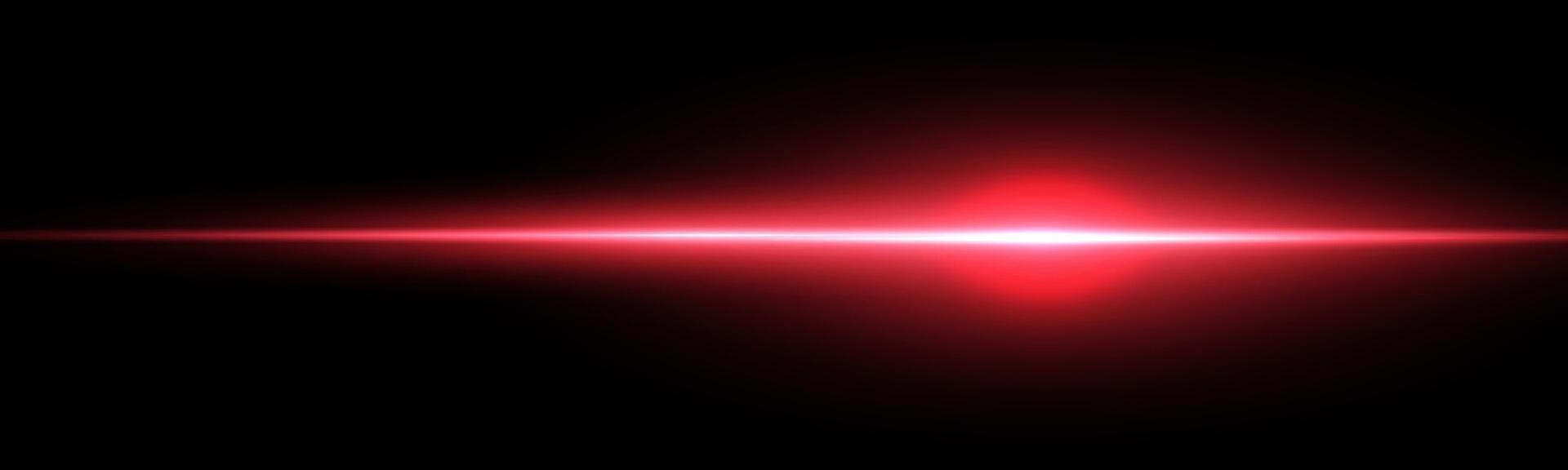 Red horizontal laser beam. Light lensflare. Red glow flare light effect. illustration. Isolated on dark background. vector