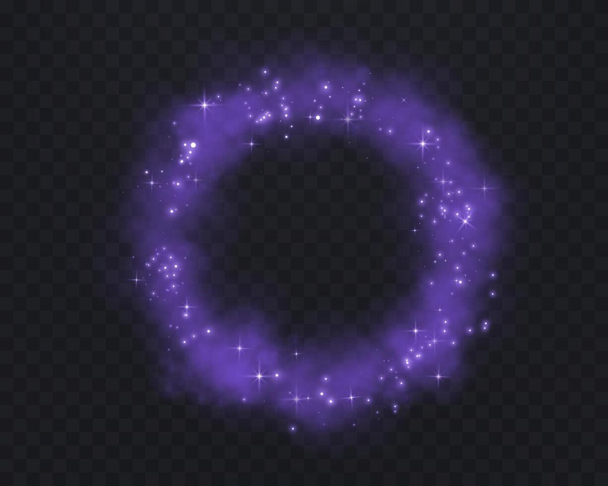 Realistic purple smoke circle or haze with pink glittering dots, particles, stars magic sparks on a dark background. Magic fog, vapor. illustration vector