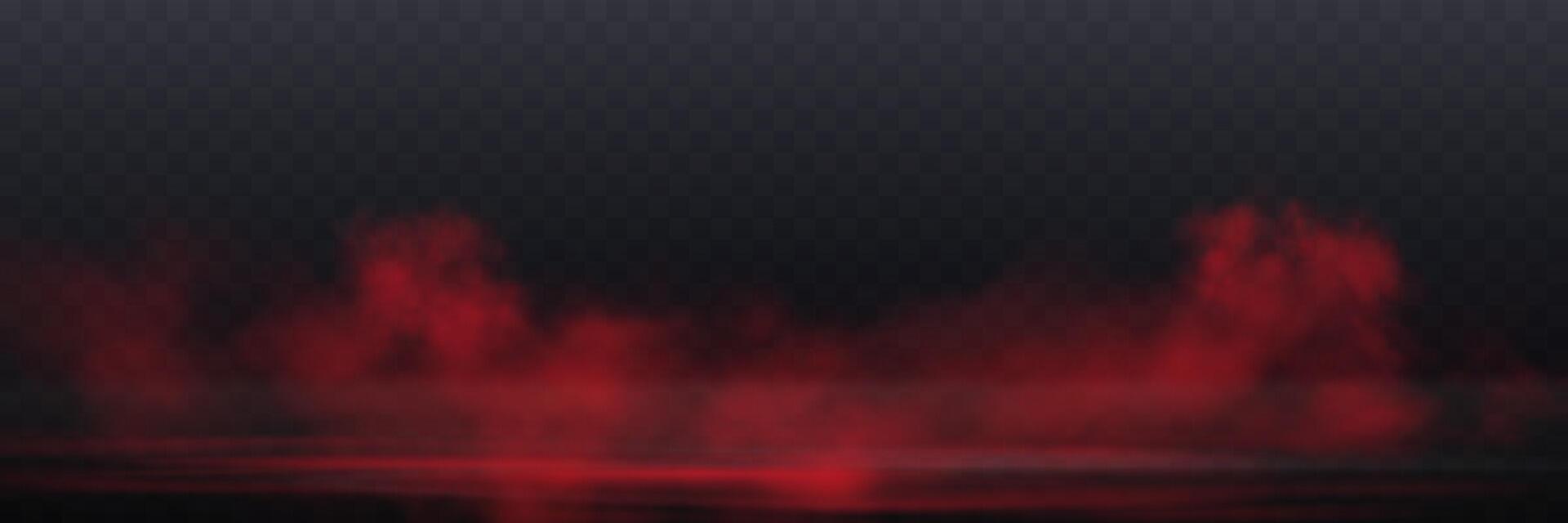 Realistic red smoke or haze, overlay effect on a dark background. Hot fire and flame, magic fog, vapor on floor. vector