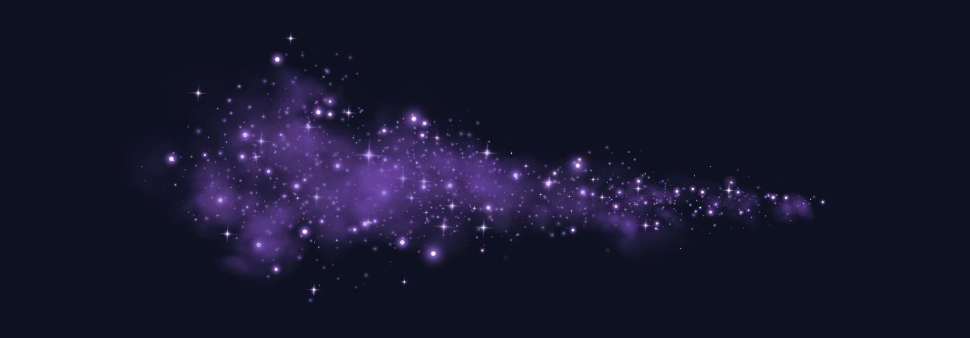 Purple glittering dots, particles, stars, magic sparks with smoke. Glow flare light effect. Purple luminous points in fog. particles on dark background. vector