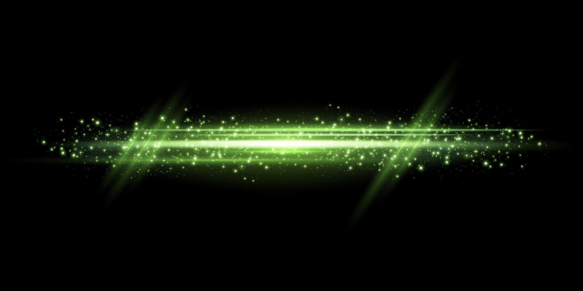 Green horizontal lensflare. Light flash with rays or green spotlight. Glow flare light effect. illustration. Isolated on black background vector