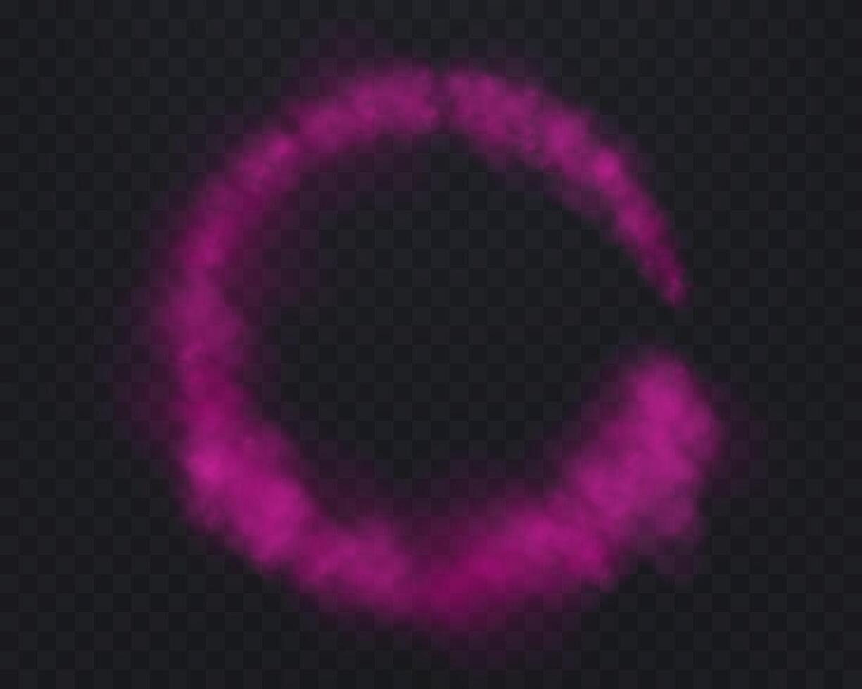 Realistic pink smoke circle or haze on a dark background. Magic fog, vapor vector