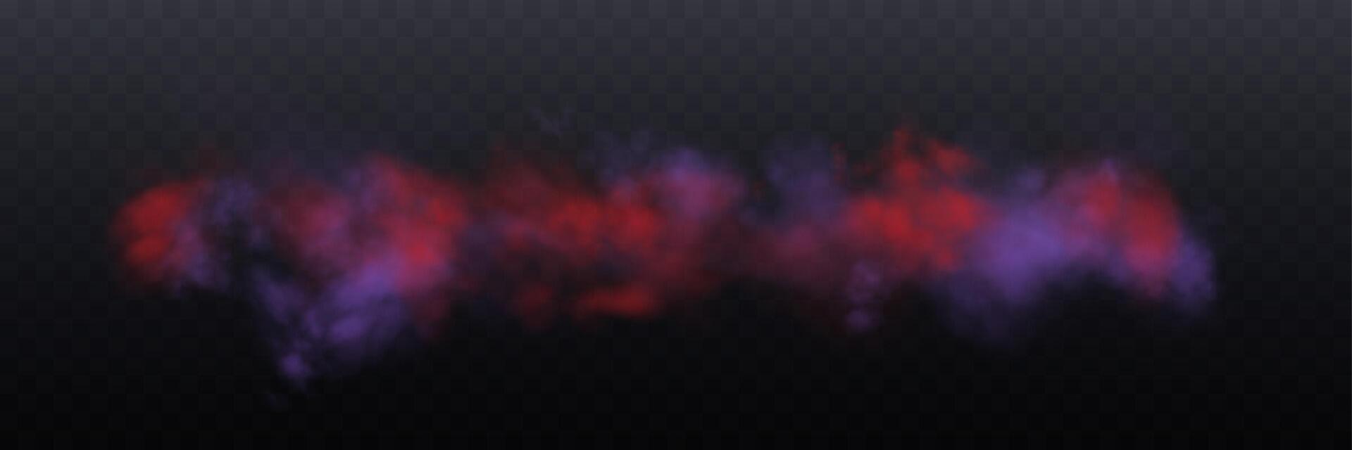 Realistic purple and red smoke or haze, overlay effect on a dark background. Hot fire and flame, magic fog, vapor vector
