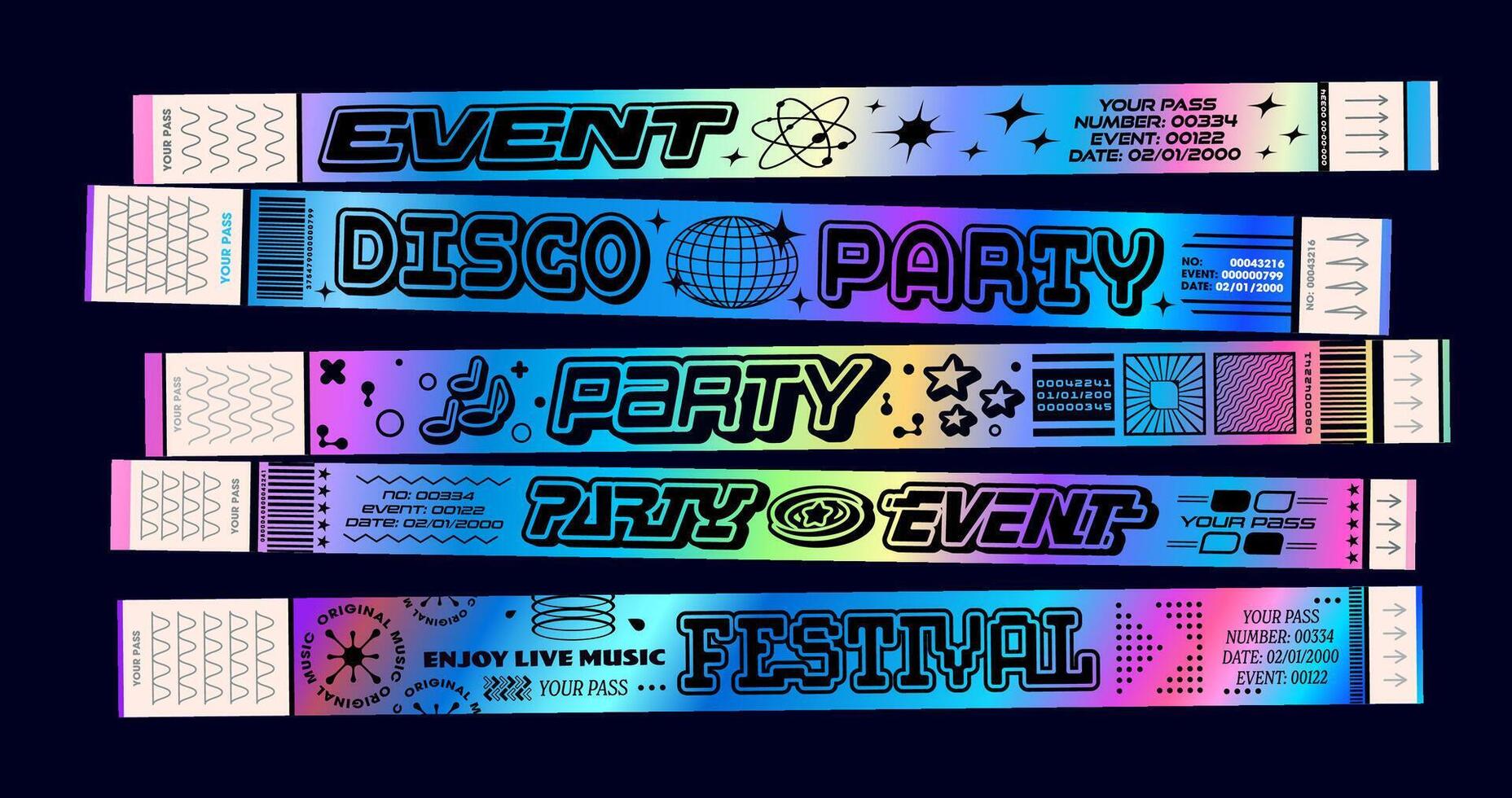 Holographic y2k event disco party bracelet, pass vector