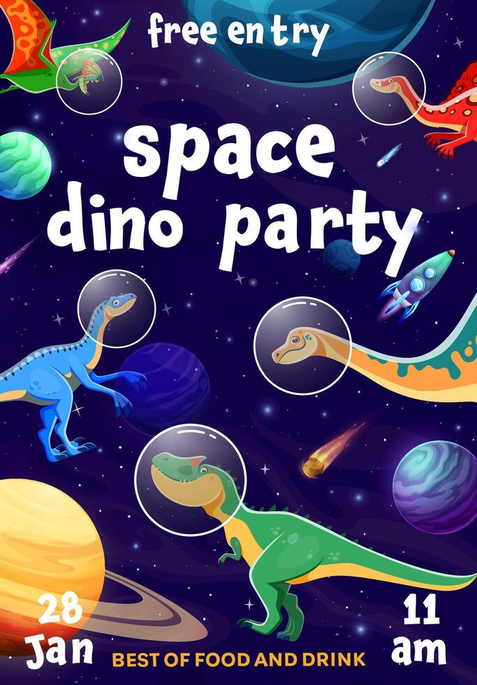 Space dino party flyer, funny dinosaur astronauts vector
