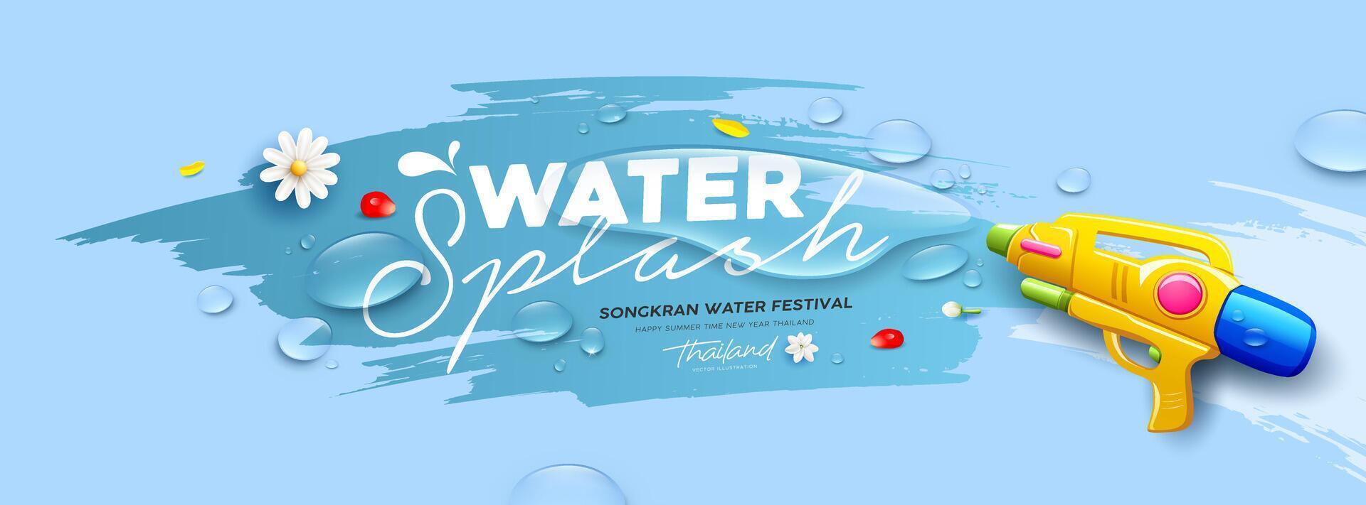 Songkran water festival thailand, gun water splashing, banner design blue background vector