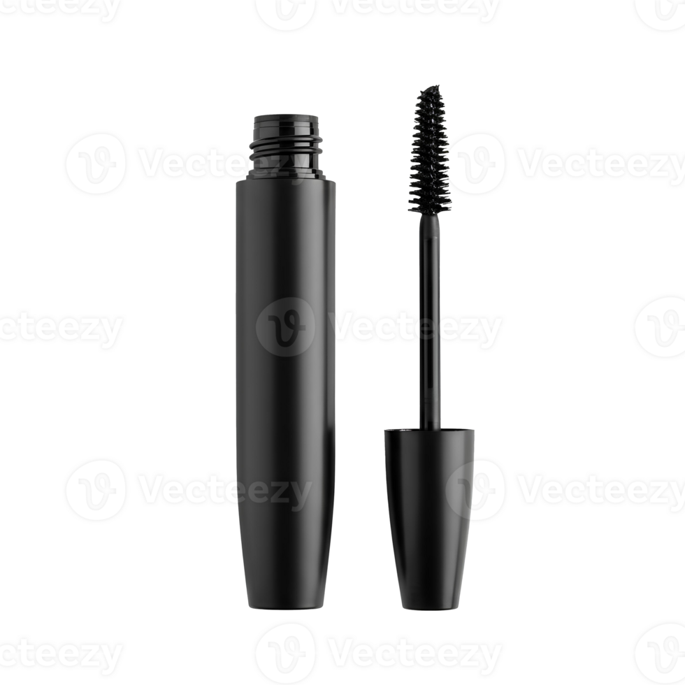 Unbranded mascara tube and wand top view for makeup and beauty product mockups. Black mascara wand and tube for cosmetics branding and professional beauty campaigns. tube of mascara top view png