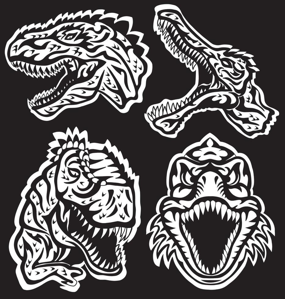 Design set with styled silhouettes of roaring dinosaur heads with fangs and open mouth on black vector