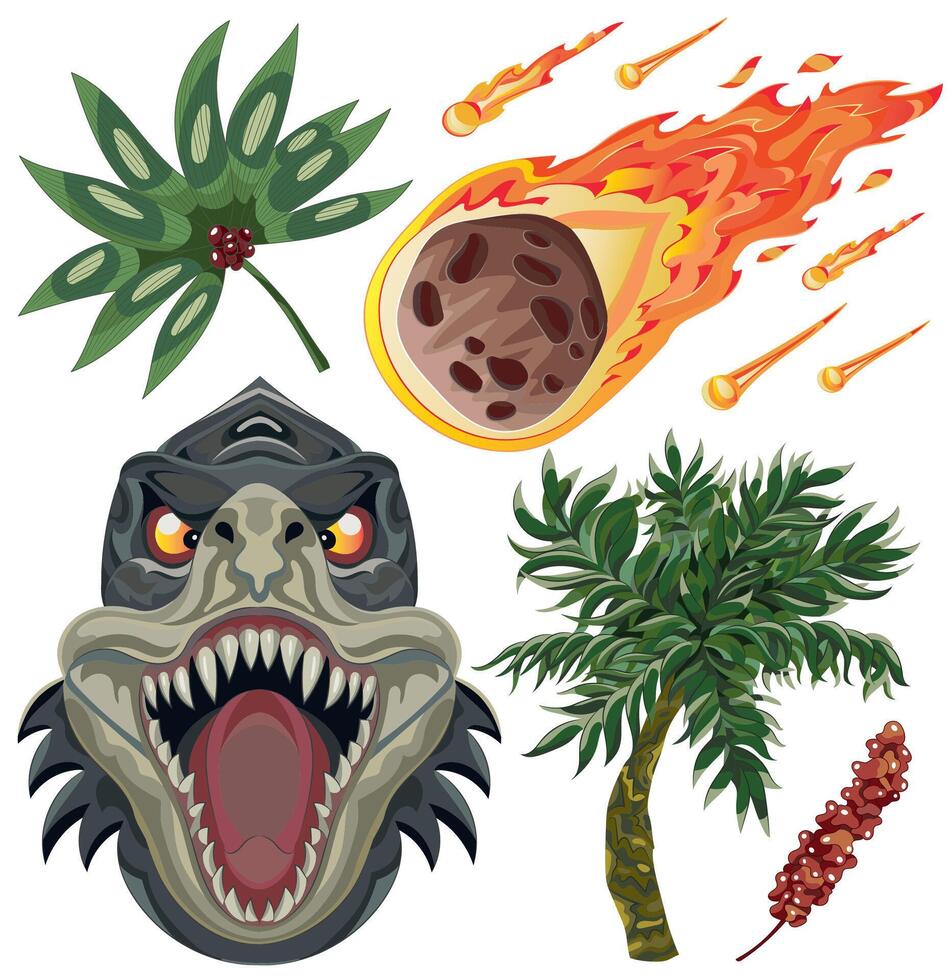 Design set with hand drawn roaring dinosaur head with fangs, tropical plants, palms and falling asteroid for t-shirt, stickers, print vector
