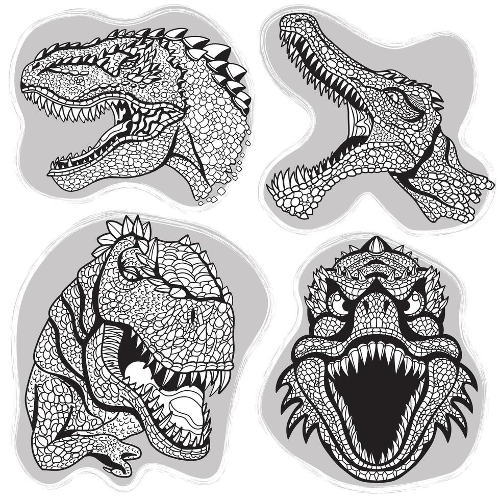 Design set with engraved roaring dinosaur heads with fangs and open mouth on white vector