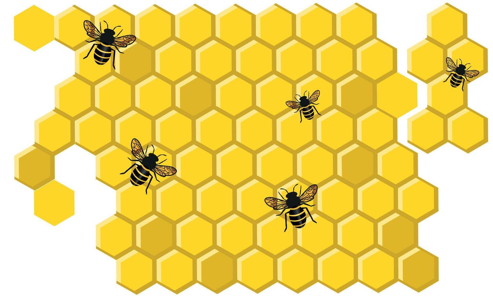 Bees on a honeycomb cells, insects on colorful hexagon shaped cells creating honey, delicious healthy sweet food concept vector
