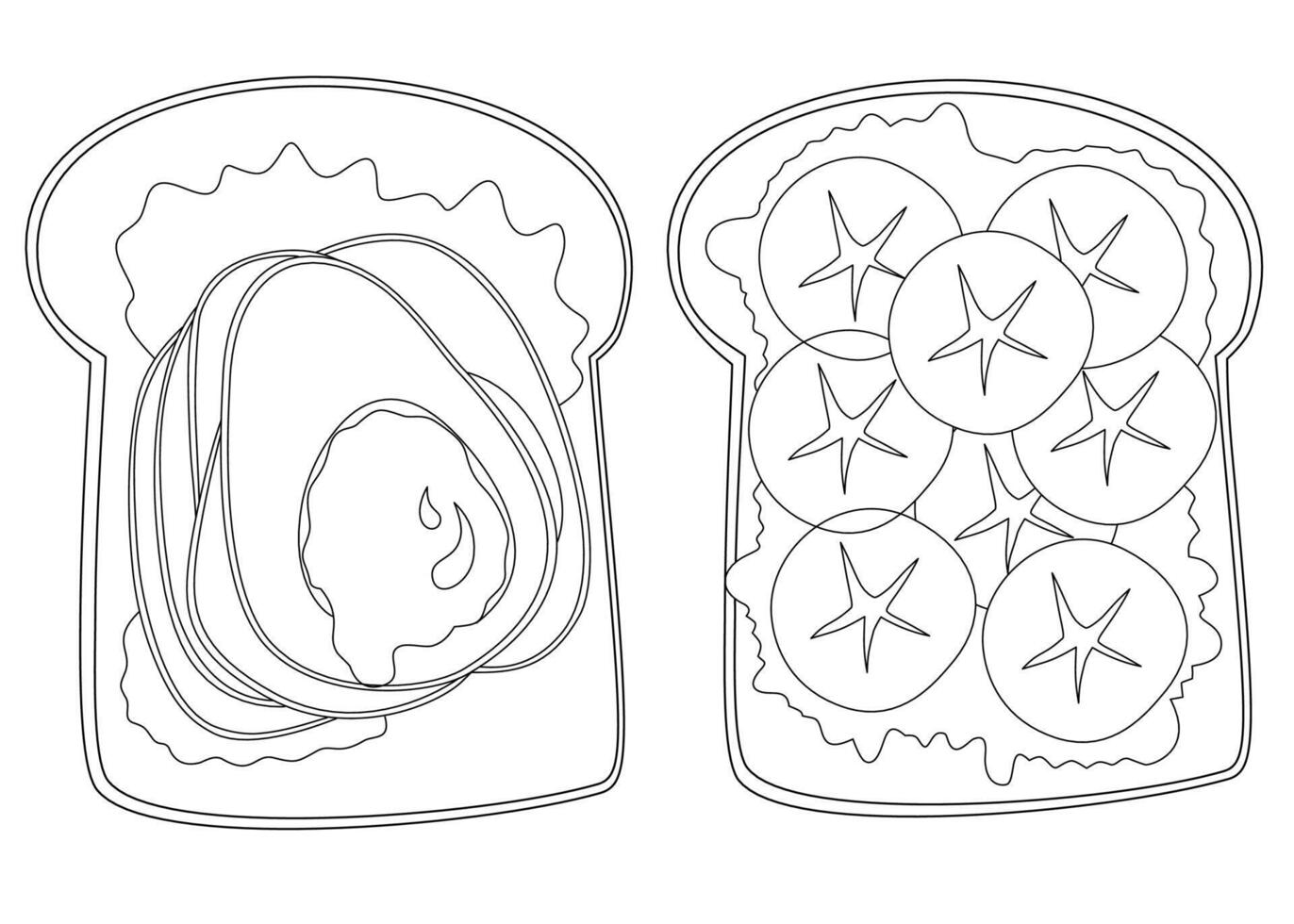 Toast banana and avocado coloring page vector
