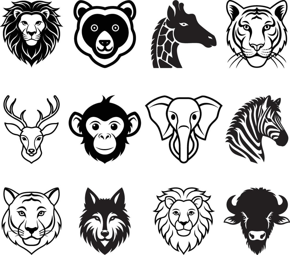 Wildlife Silhouette Animal Head Icon Set vector
