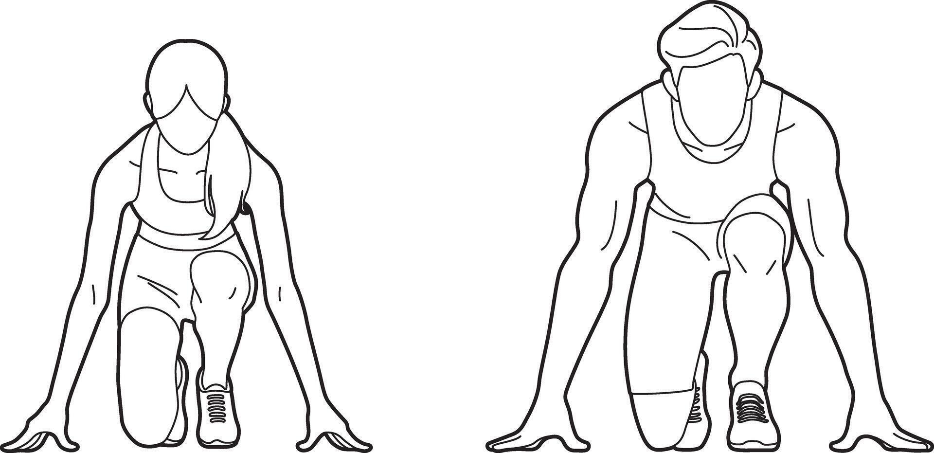 Female and Male Runner Crouch Start Outline. vector