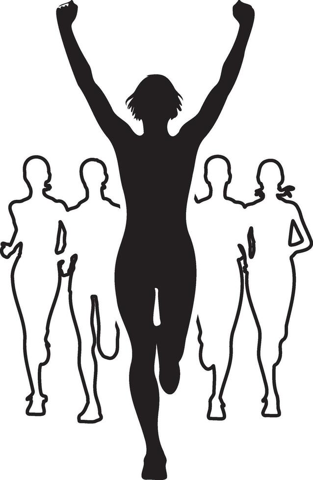 Female Athlete Winner Reach Finish Silhouette Design. vector