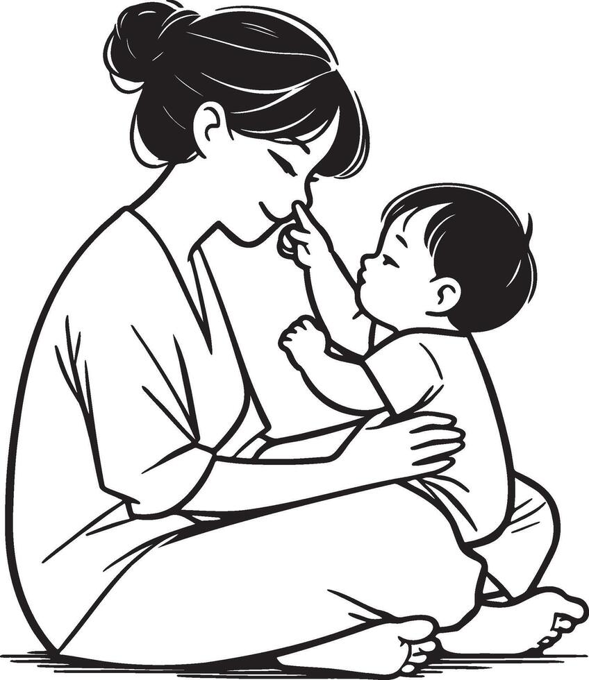 A Mother Takes Care of Toddler Sketch Illustration. vector