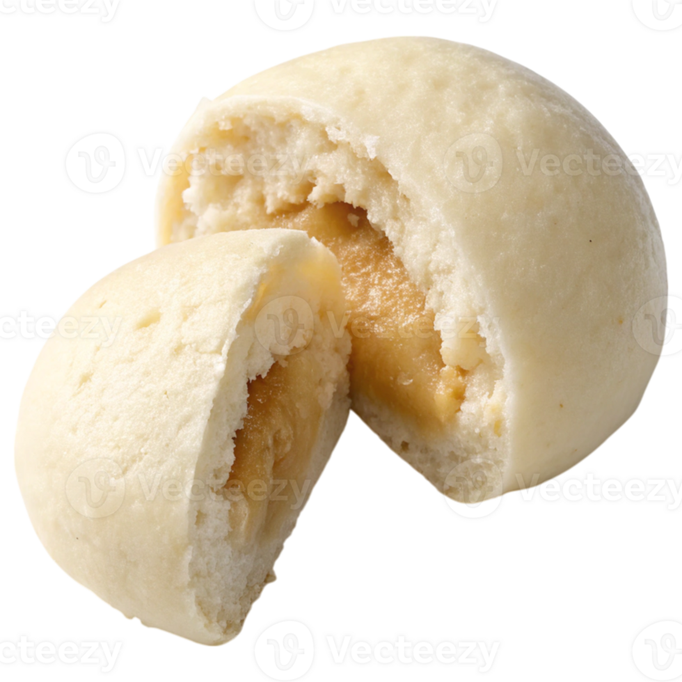 A soft, round pastry with a creamy filling, partially broken open to reveal its interior texture. png