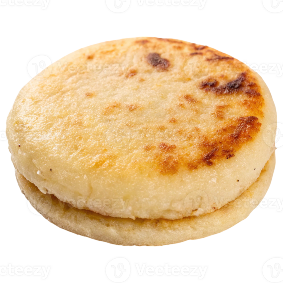 Soft, golden arepa with a slightly crispy exterior, showcasing its round shape and inviting texture, perfect for various fillings. png