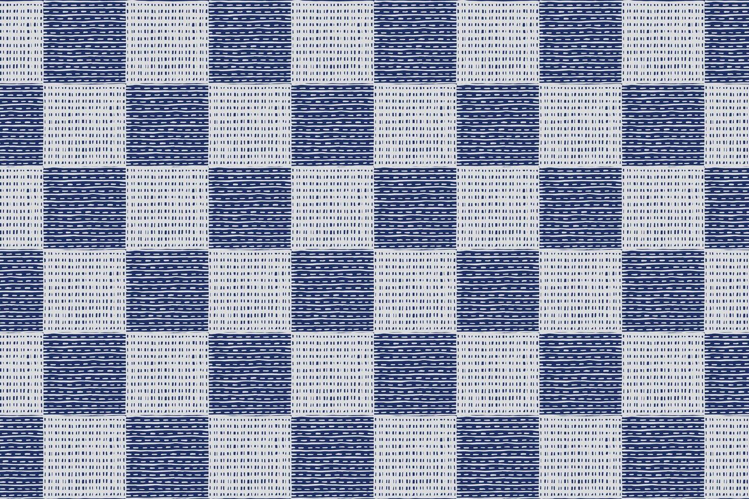 Crafted hand drawn brush lines abstract stitching check pattern, Japanese traditional embroidery, weaving textured background in white and blue, simple and humble graphic for textile, carpet vector