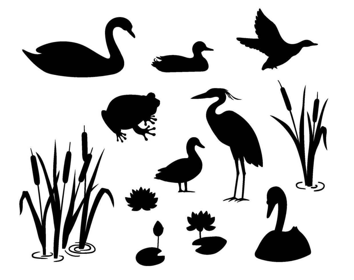 Silhouette, frog, crane, swan, reed and water lily. illustration wetland animals isolated on white background. vector