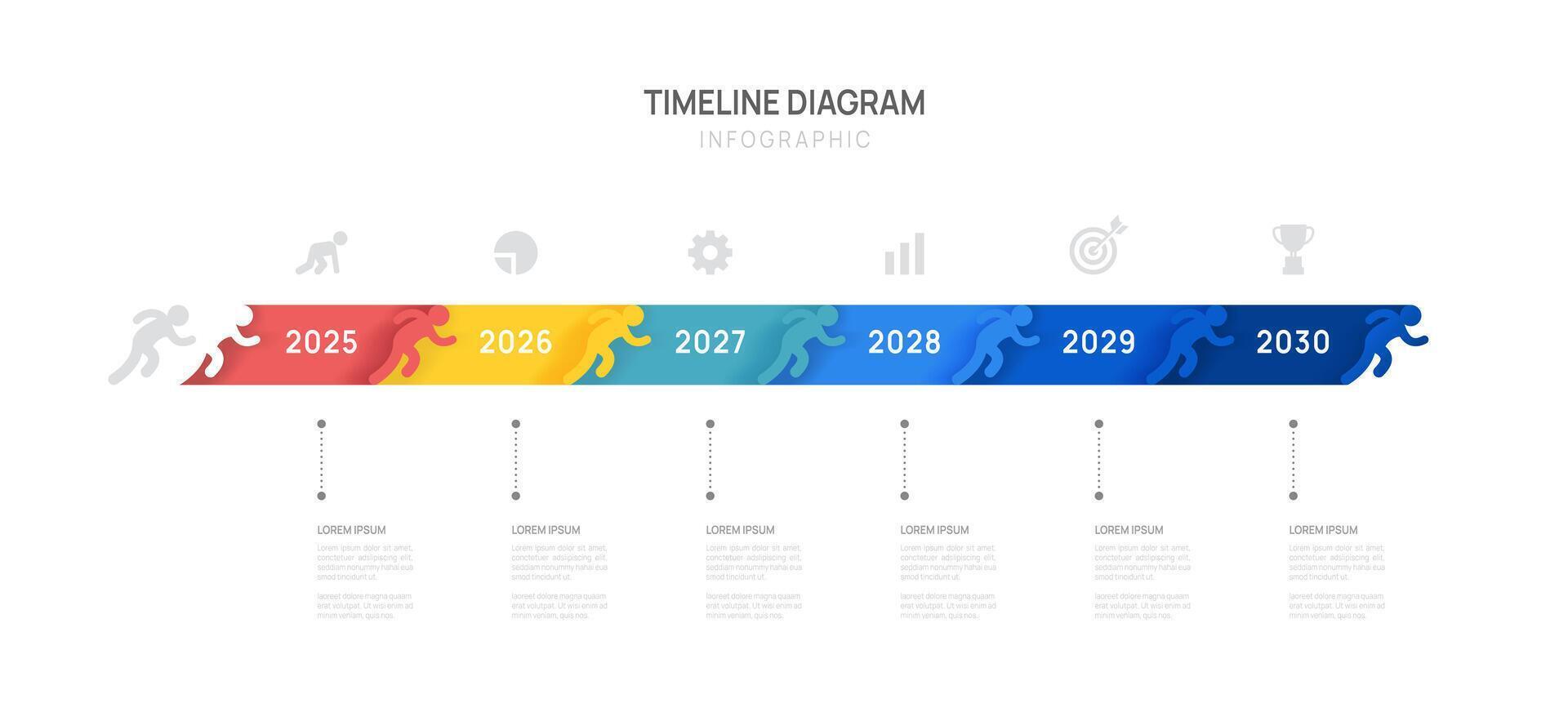 Timeline infographic with man run and icons from 2025 to 2030 for business planning or project presentation. vector