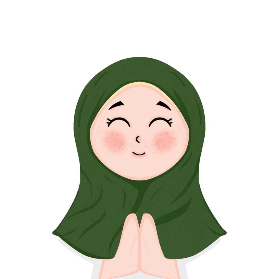 A cartoon woman in green hijab with her hands folded png