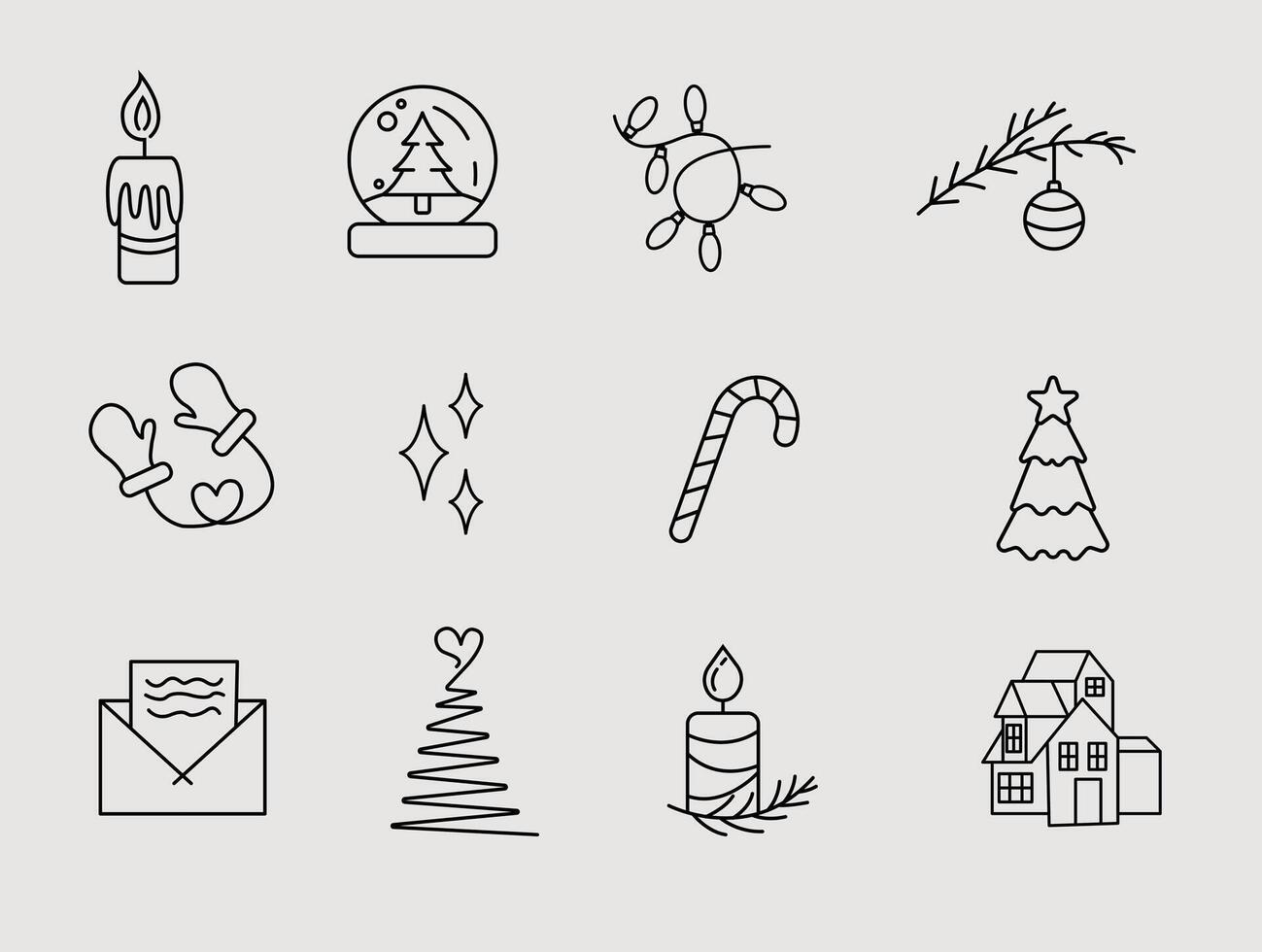 Christmas-themed line icons with clean and simple designs, featuring festive elements and seasonal decorations. vector