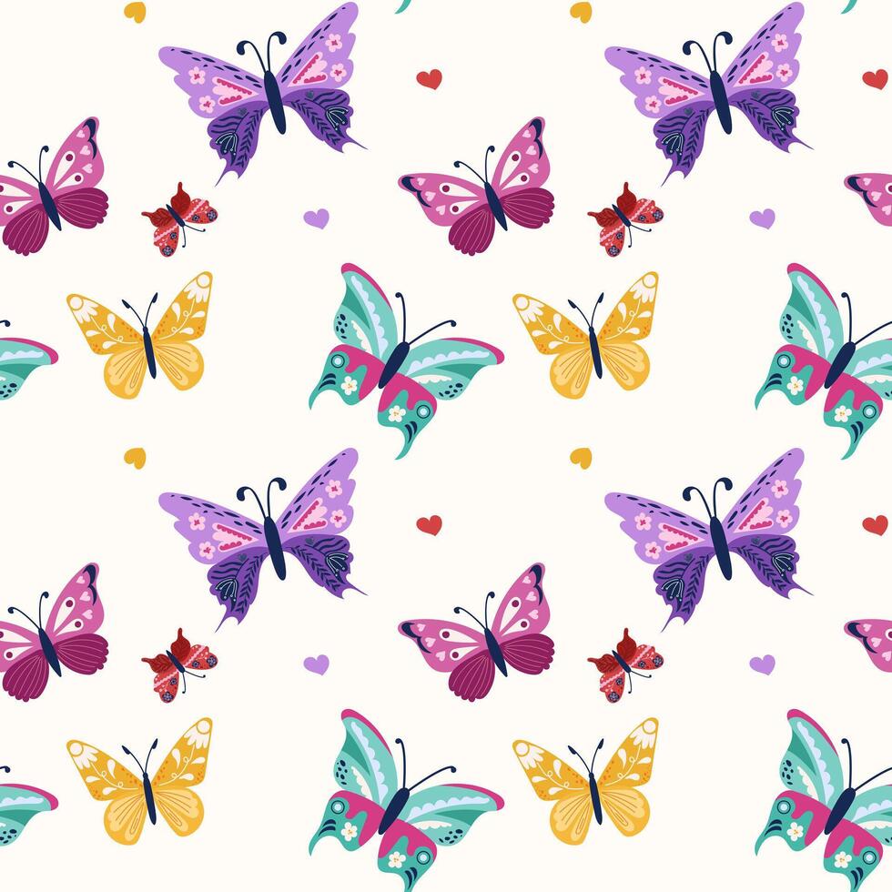Seamless pattern with colorful butterflies arranged in a regular grid layout, each butterfly displaying unique wing shapes and decorations. Includes small heart and flower accents throughout. vector