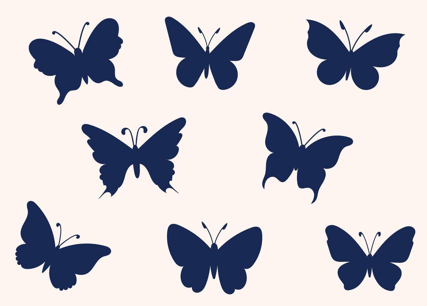 Set of dark butterfly silhouettes with varied wing shapes and antennae styles arranged in a clean layout vector