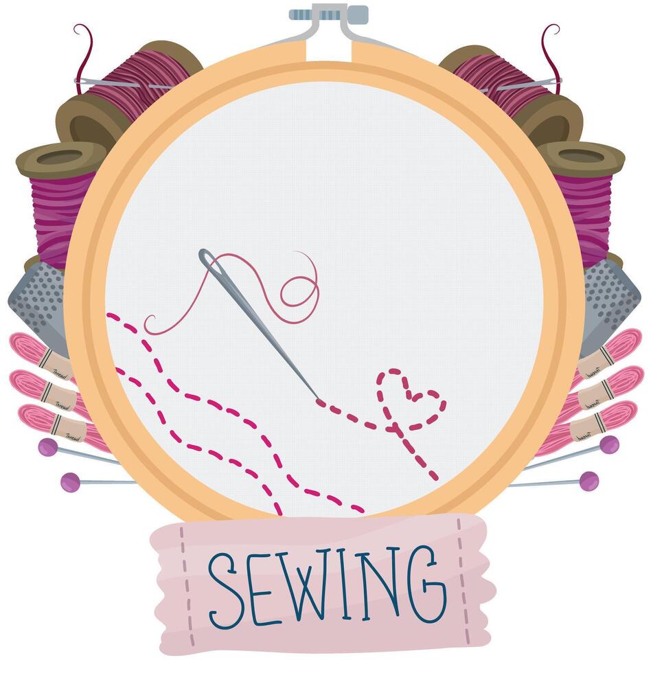 Set of sewing elements. Needle with thread. embroidery ring, hoop in the cartoon style vector
