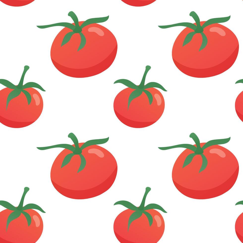Seamless pattern with tomatoes with leaves cartoon flat style. Background for menu, paper, supermarket, farm shop, textile. vector