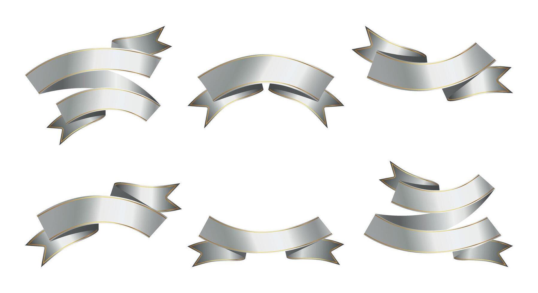 Set of Silver Ribbons, Tags with gold border isolated on white background. Silver award ribbons, luxury labels, badge premium quality certificate ribbons. Empty Silver Ribbons, Label Design for text. vector