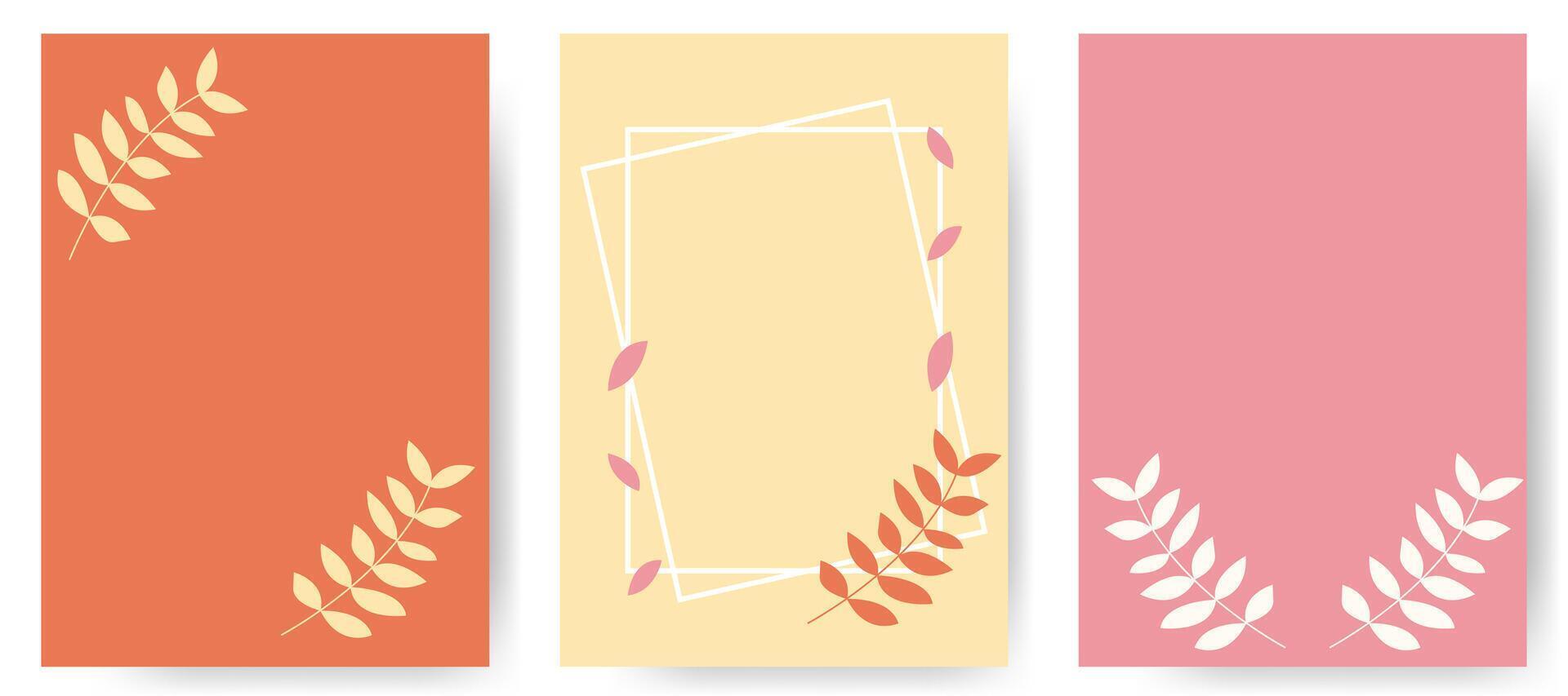 Set of frame posters decorated with elegant leaves and branches. Soft colors floral templates. vector