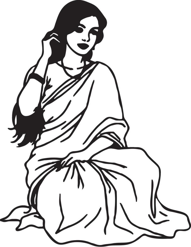 A woman sitting on the ground combing her hair vector