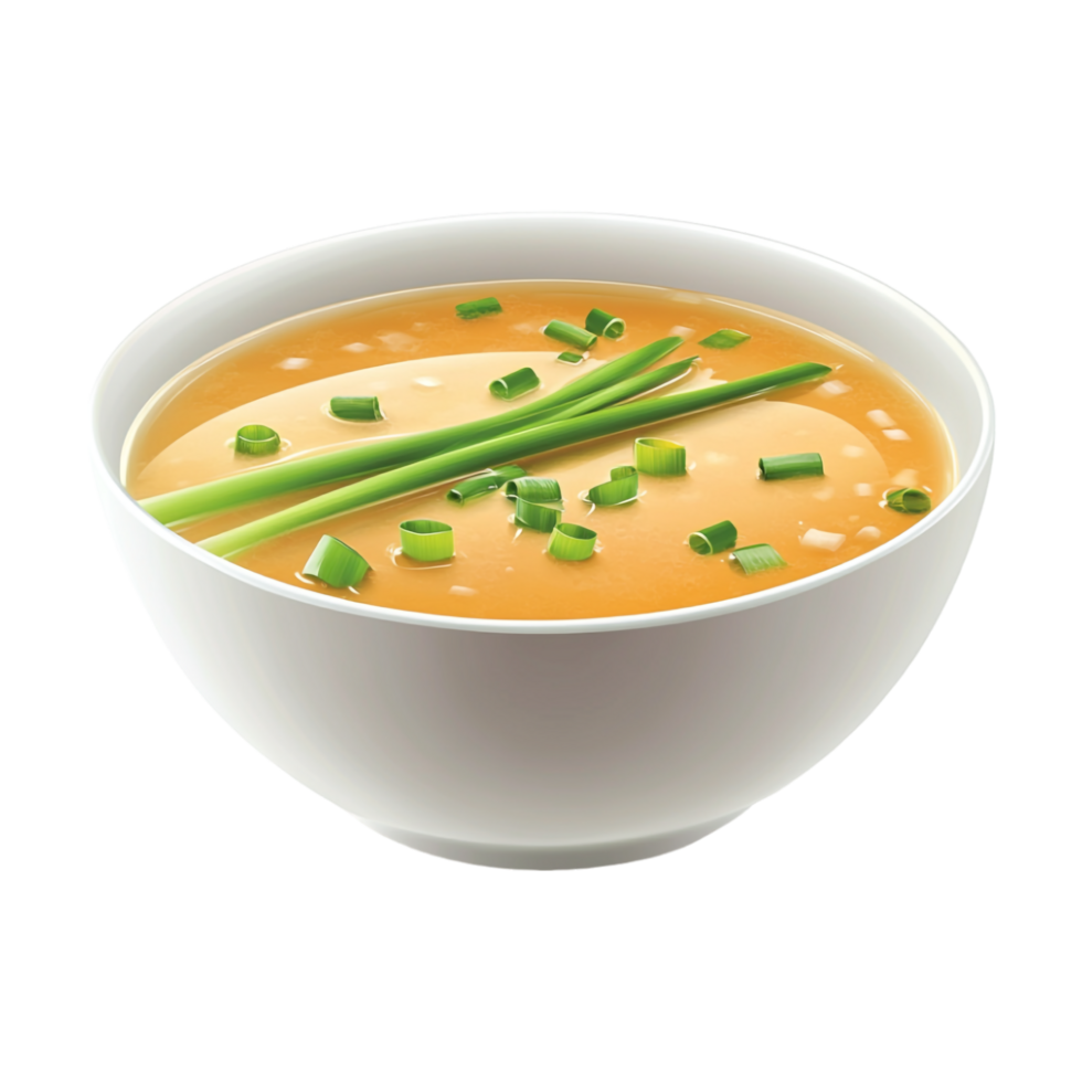 a bowl of soup with green onions on a transparent background png