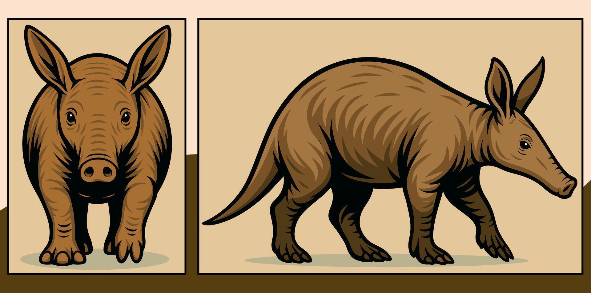 Aardvark front and side view cartoon illustration vector