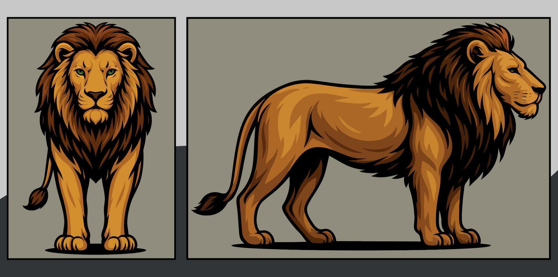 Lion front and side view cartoon illustration vector