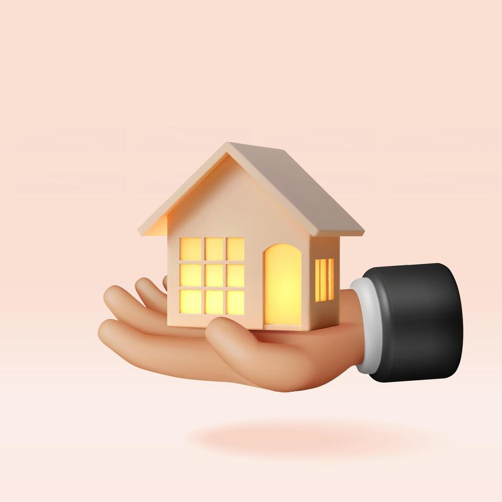 3d house building in hand isolated. Render of hand holding house model icon. Property investment, real estate insurance, mortgage loan. vector